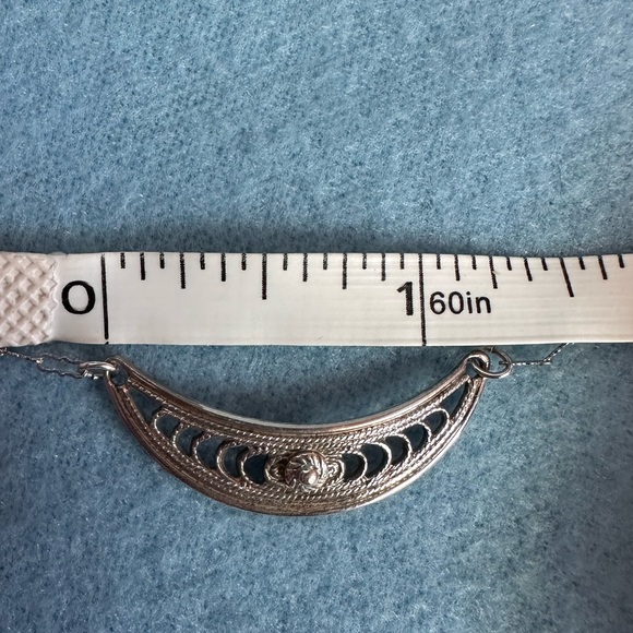 Vintage Filigree Sterling Silver Half Moon necklace with fancy link ornate chain - Picture 7 of 11